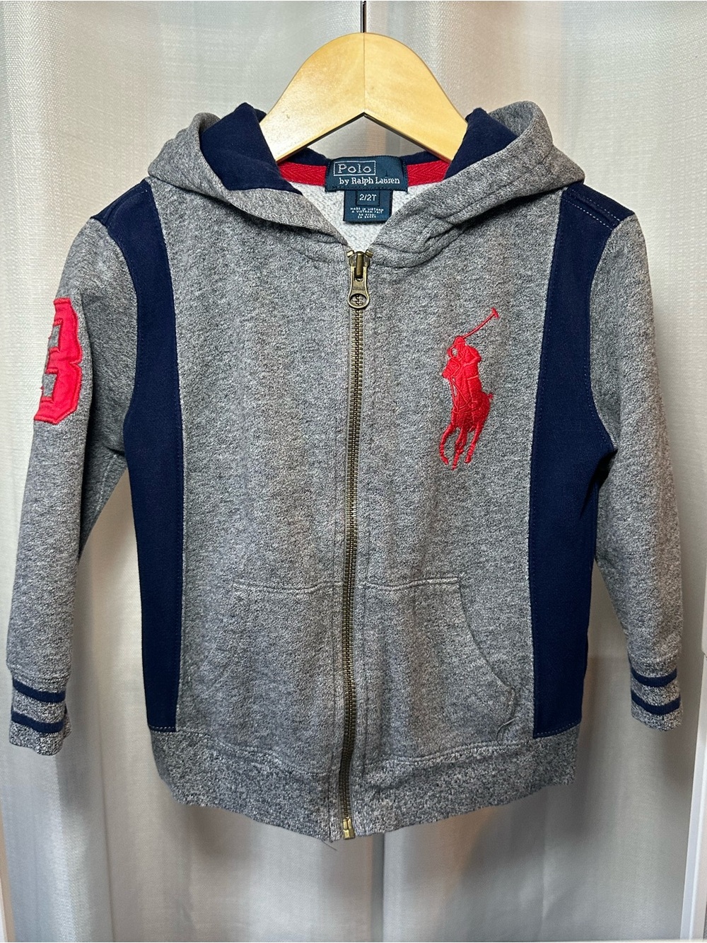 Polo Ralph Lauren Toddler Boys Big Pony number 3 Fleece Hoodie Gray Navy 2T - Picture 2 of 7